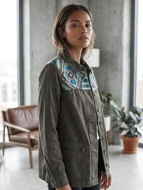 NWT Zara Embroidered Beaded Boho Army Green Utility Shirt Jacket XS